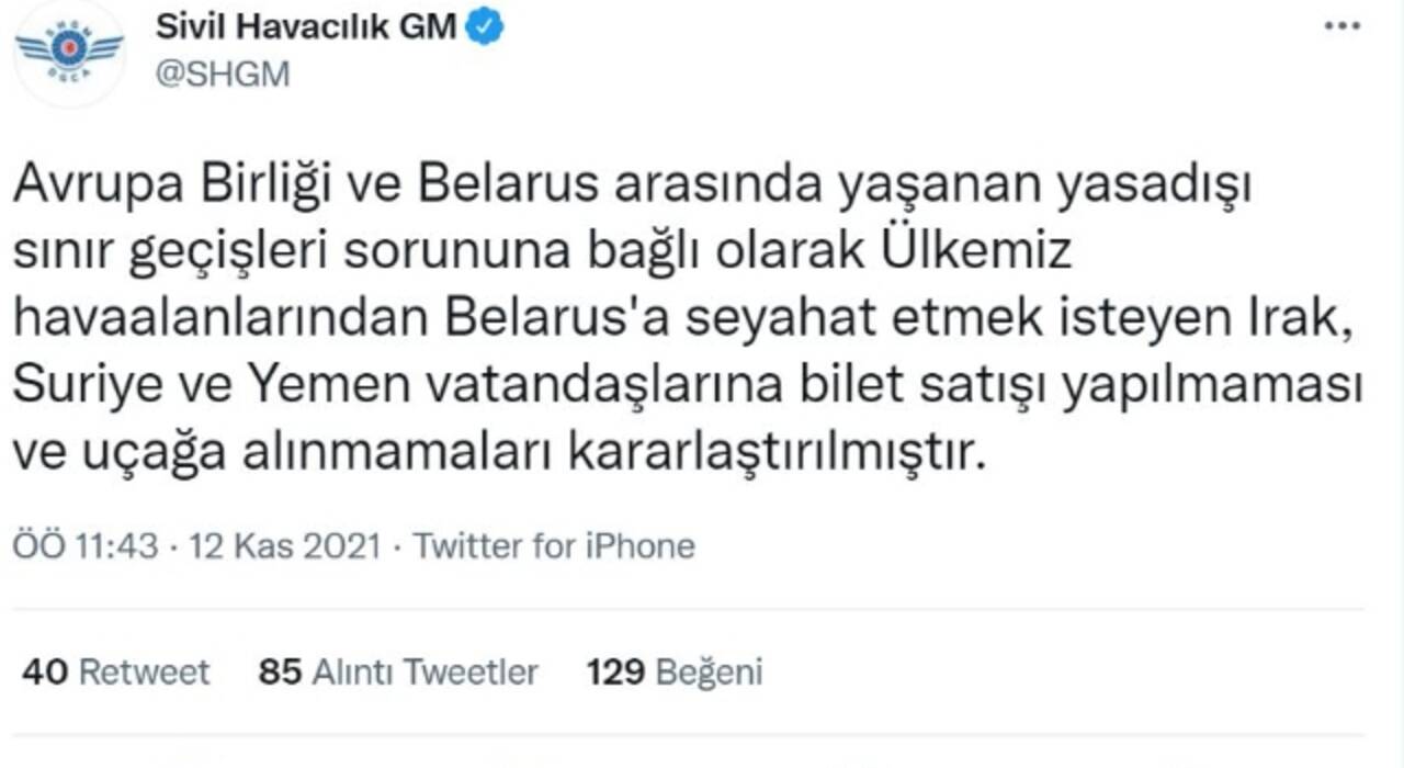 Türkiye Belarus’a uçuşlarını durdurdu! Göçmenlere bilet satılmayacak!