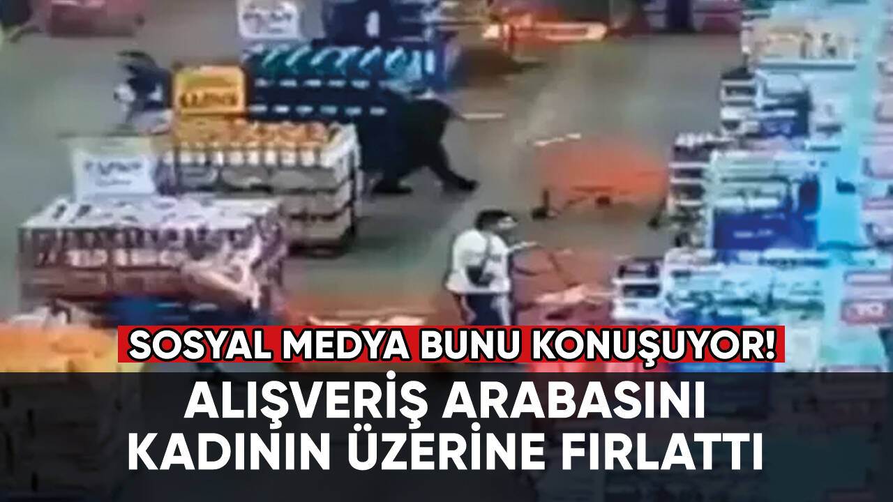 Herkesi şoke etti! Kadının üzerine alışveriş arabası attı