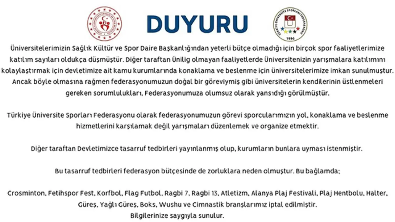 Türkiye Üniversite Sporları Federasyonu 15 spor branşını iptal etti: Sebep tasarruf tedbirleri gösterildi