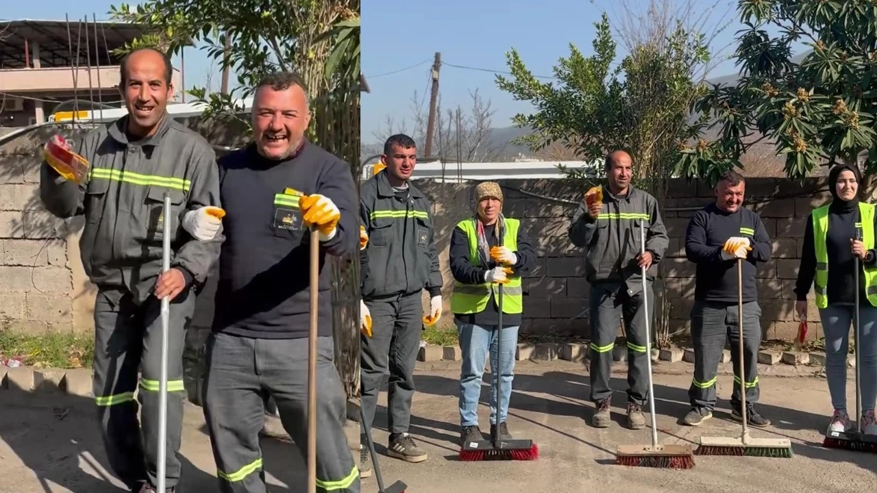 Temizlik işçileri ellerinde süpürgeleriyle sosyal medya akımı yaptı! Beğeni yağmuruna tutuldu