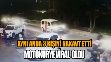 Aynı anda 3 kişiyi nakavt eden motokurye viral oldu