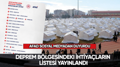 Deprem bölgesindeki ihtiyaçların listesi yayınlandı