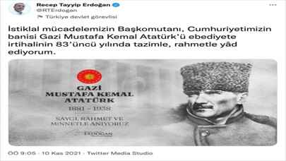 Cumhurbaşkanı Erdoğan, Atatürk’ü saat 09.05’te paylaştığı mesajla andı