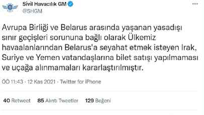 Türkiye Belarus’a uçuşlarını durdurdu! Göçmenlere bilet satılmayacak!