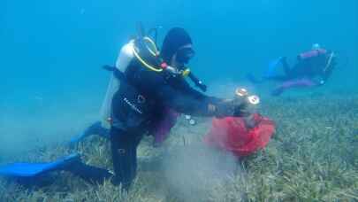 Bodrum'da dalgıçlar deniz dibi, öğrenciler de kıyı temizliği yaptı