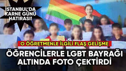 Öğretmen öğrencileriyle LGBT bayrağı altında foto çektirdi