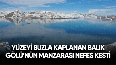 Yüzeyi buzla kaplanan Balık Gölü'nün manzarası nefes kesti