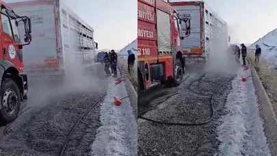 Sarıkamış'ta panik anları: Lastiği patlayan tırda yangın çıktı!