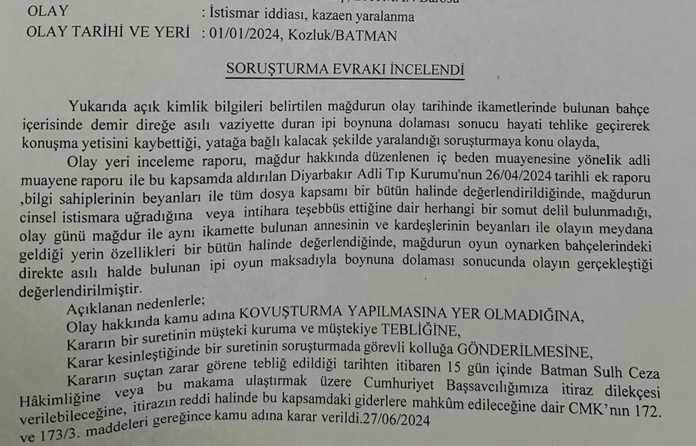 Batman'da 8 yaşında ipte asılı halde bulunan çocuğun dosyası cinsel istismar tespitine rağmen "somut delil yoktur" denilerek kapatıldı!