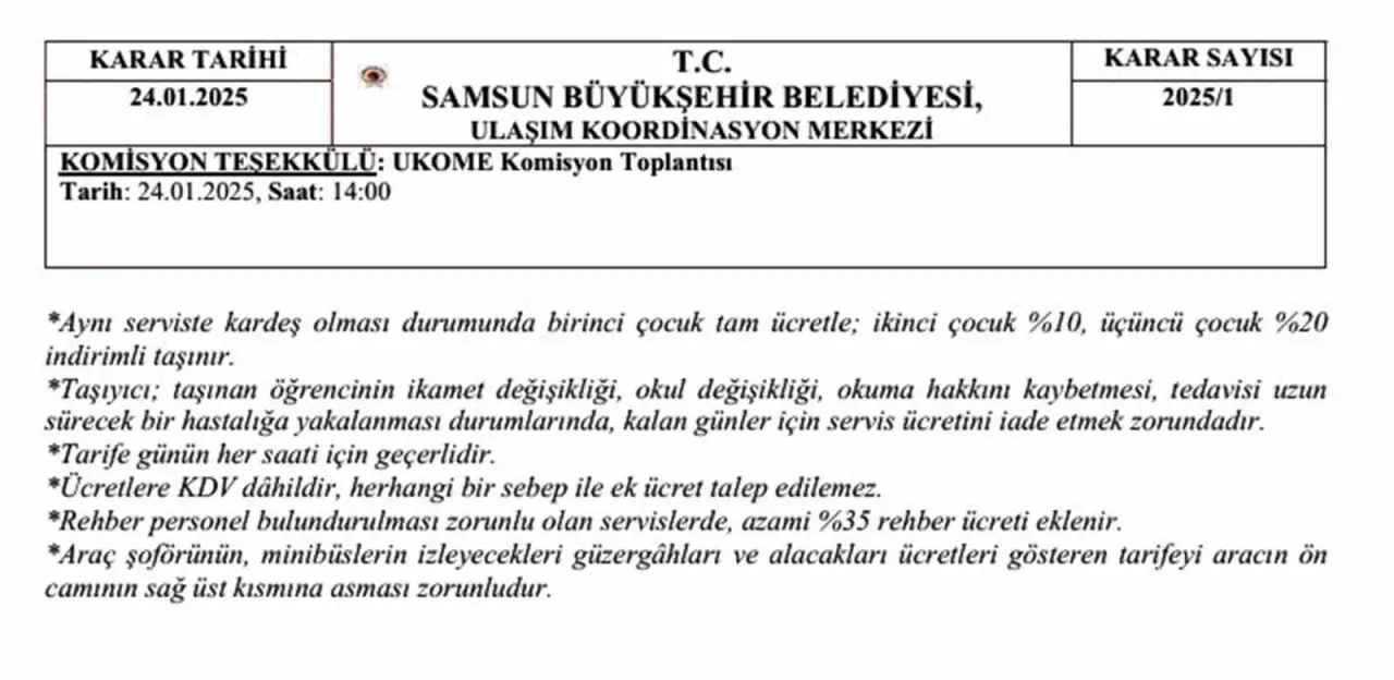 Samsun’da toplu ulaşım fiyat tarifesi güncellendi
