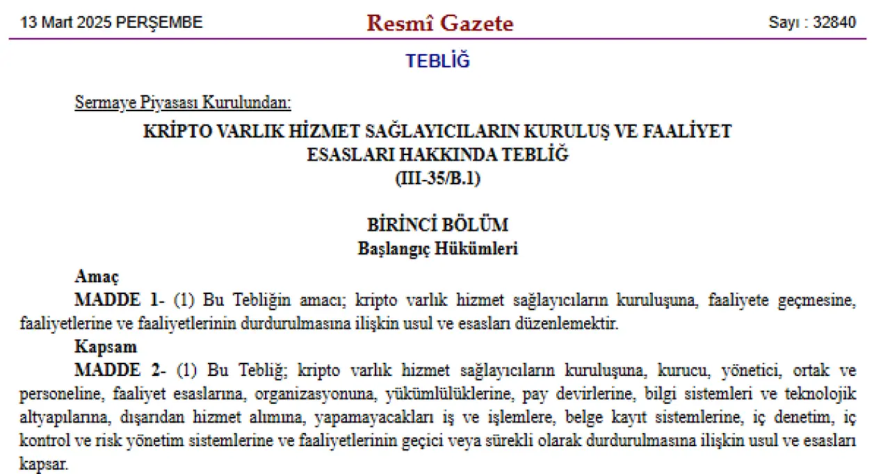 Kripto Varlık Hizmet Sağlayıcıların Kuruluş ve Faaliyet Esasları Hakkında Tebliğ (III-35/B.1)